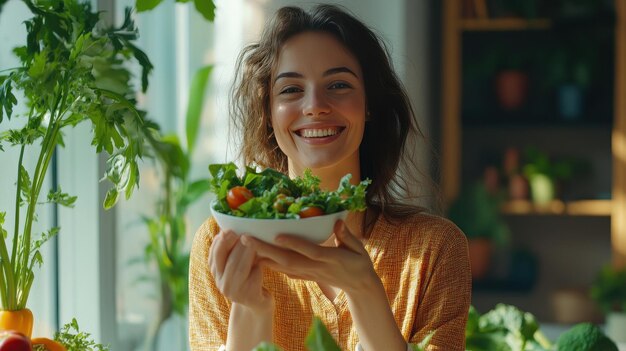 Photo young woman holding fresh salad surrounded by lush greenery in natural light