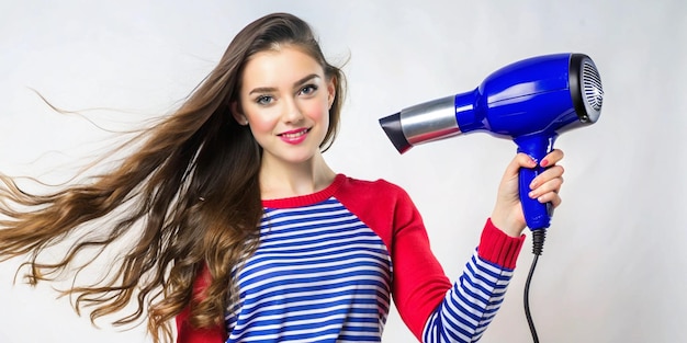 Photo a young woman holding a hair dryer to dry her wet hair