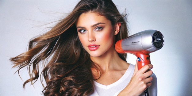 Photo a young woman holding a hair dryer to dry her wet hair