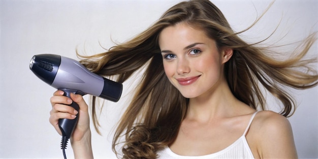 Photo a young woman holding a hair dryer to dry her wet hair