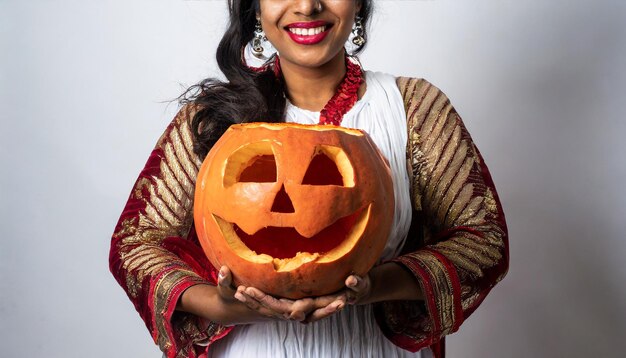 Young woman holding halloween pumpkin