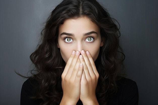 Young woman holding hands on cheeks in black dress