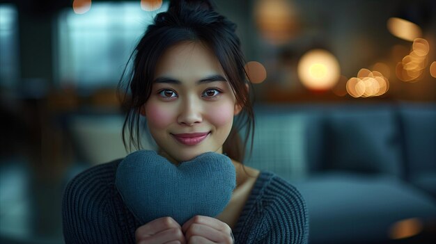 Young Woman Holding HeartShaped Object Indoor Evening Setting