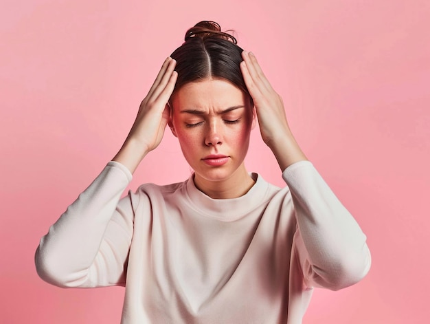 Photo young woman holding her head having headache and depression after hard daymacroai generative