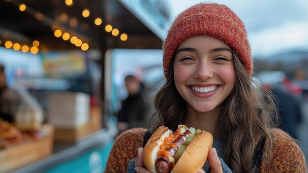 Photo young woman holding hot dog smiling at street food market