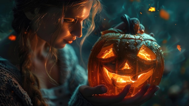 Young Woman Holding Illuminated JackO39Lantern on a Spooky Autumn Night