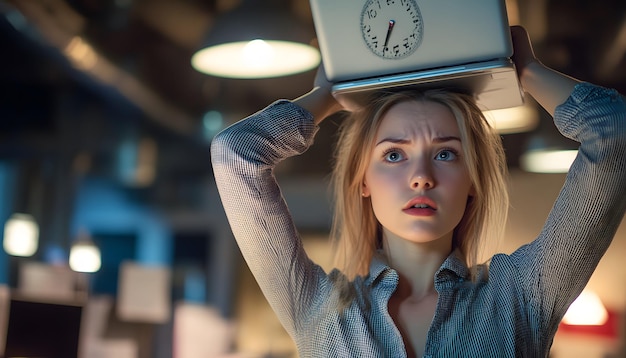 Photo young woman holding laptop above her head with clock face