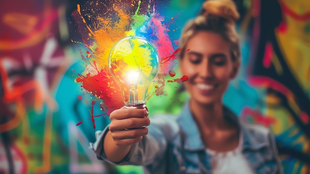 Photo young woman holding a light bulb with a colorful explosion of paint behind her