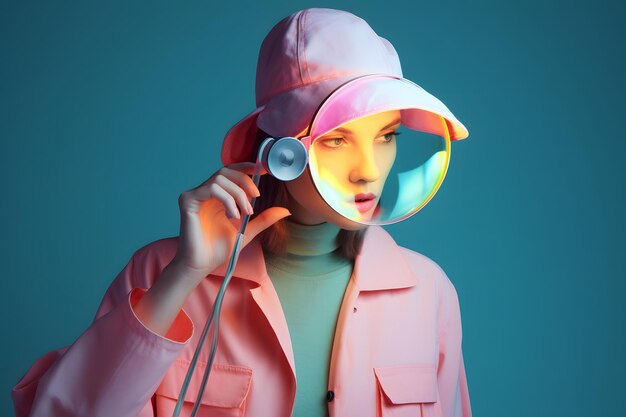 Young woman holding a magnifying glass over her eye against a blue backdrop Generative AI