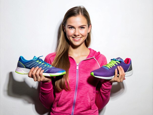 Photo a young woman holding a new pair of running shoes