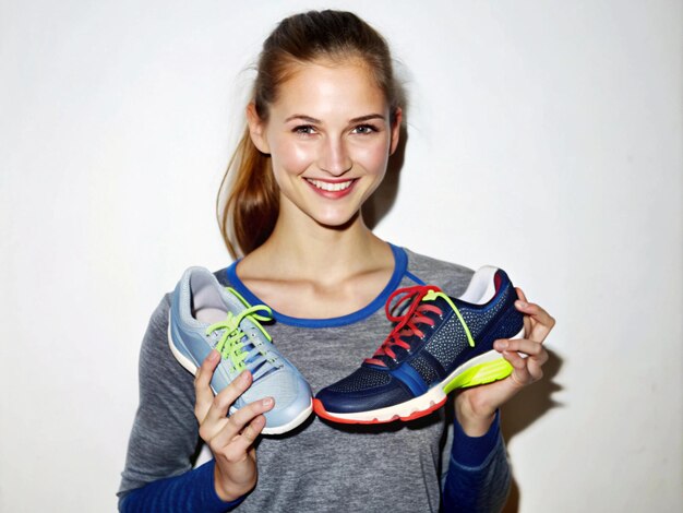 Photo a young woman holding a new pair of running shoes