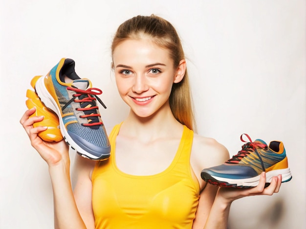 A young woman holding a new pair of running shoes