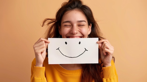 Young woman holding a paper with a smiley face drawn on it Conceptual image illustrating happiness and positivity Casual style portrait for promoting positive emotions and wellbeing AI