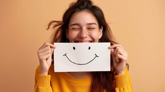 Photo young woman holding a paper with a smiley face drawn on it conceptual image illustrating happiness and positivity casual style portrait for promoting positive emotions and wellbeing ai