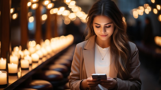 Young woman holding phone smiling with joy generated by AI