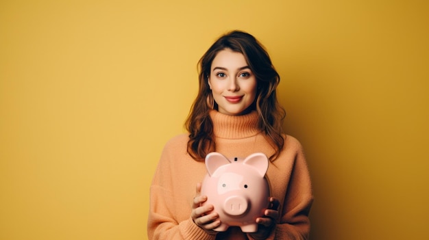 Young woman holding a piggy bank savings budget and money management concept