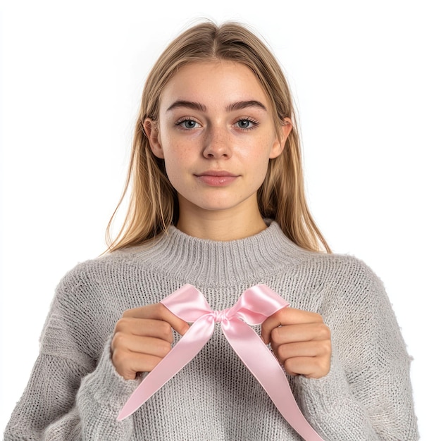 Photo a young woman holding a pink ribbon in her hands looking thoughtfully at the camera isolated on transparency background