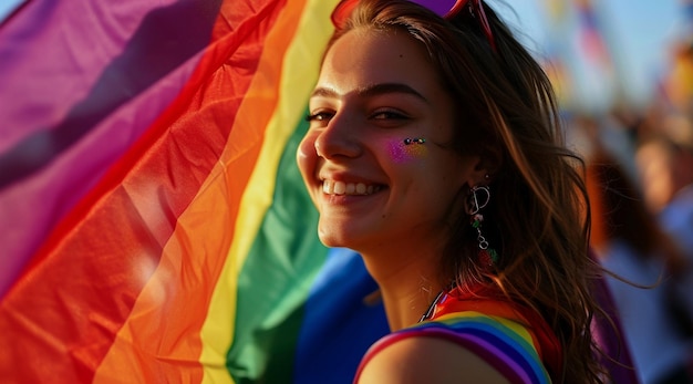 a young woman holding a rainbow flag in the style of smilecore candid shots red and purple