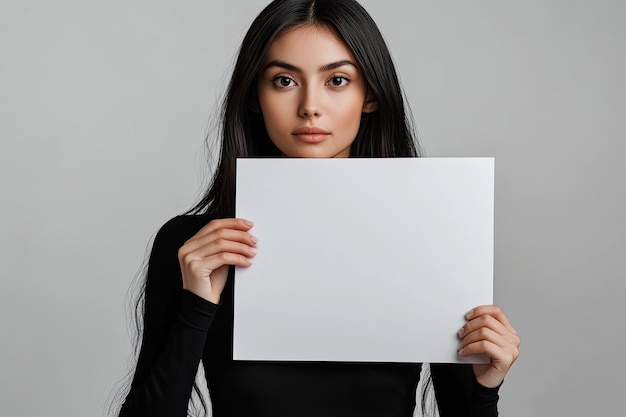 Young woman holding sheet of paper in studio