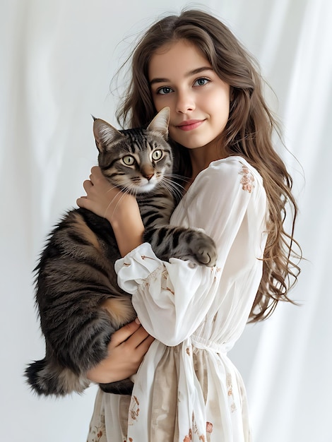 Photo young woman holding a striped cat in a white dress