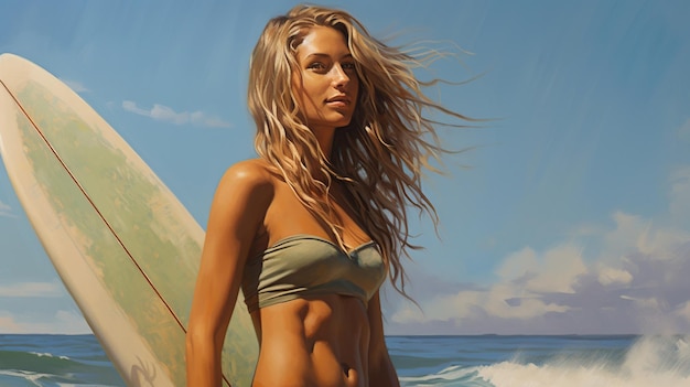 Young woman holding surf board on the sea beach background AI generated