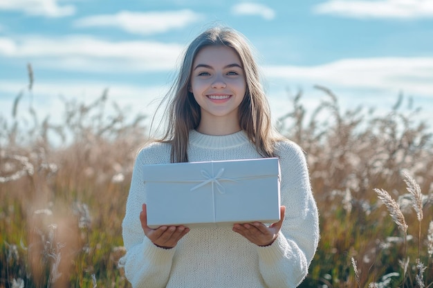 Young woman holding a white gift box outdoors