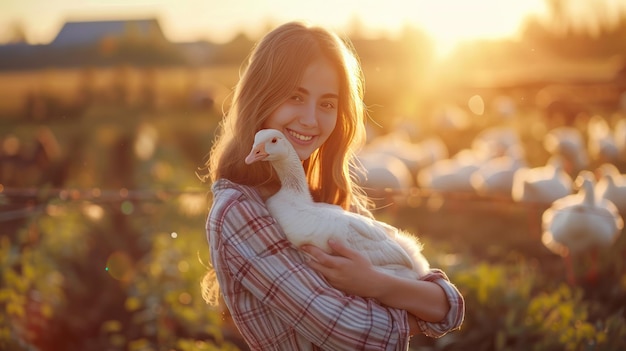 Photo a young woman holding a white goose stands and smiles looking at the camera on a farm