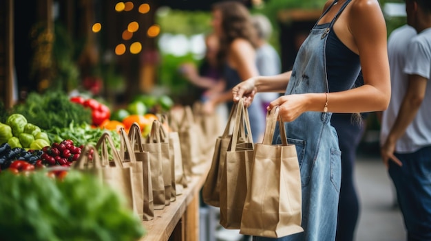 A young woman holds an ecobag while buying vegetables and herbs from the farmers' market