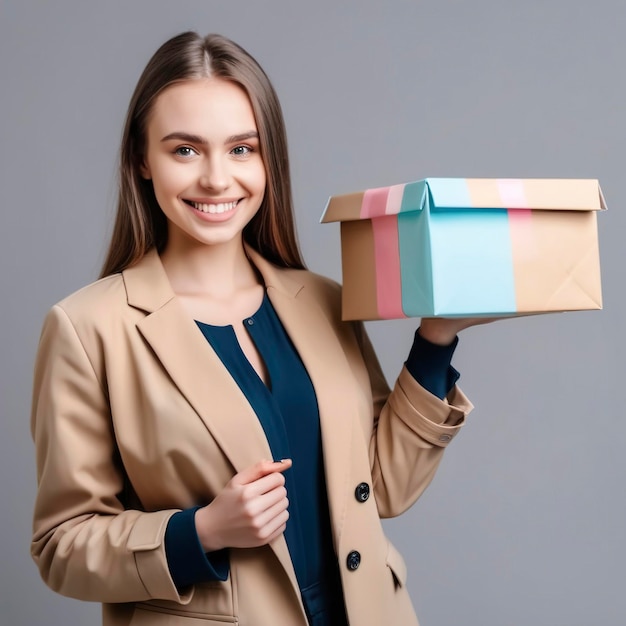 young woman holds a gift box with a gift