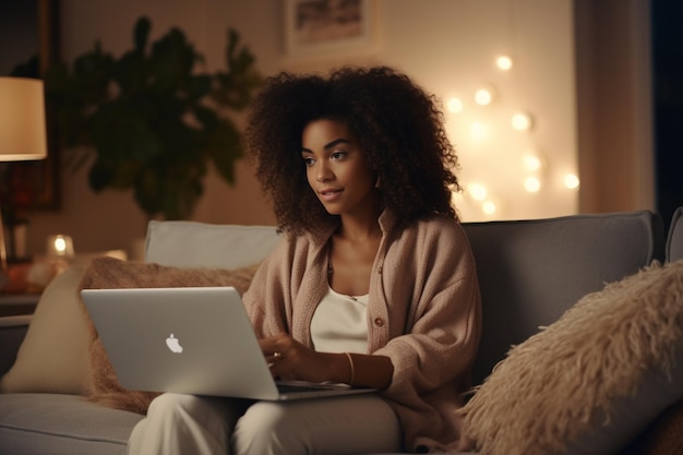 Young Woman at Home Using Laptop Computer for Browsing Through Online Retail Shopping Site She's Sitting On a Couch in His Cozy Living Room Over the Shoulder Camera Shot