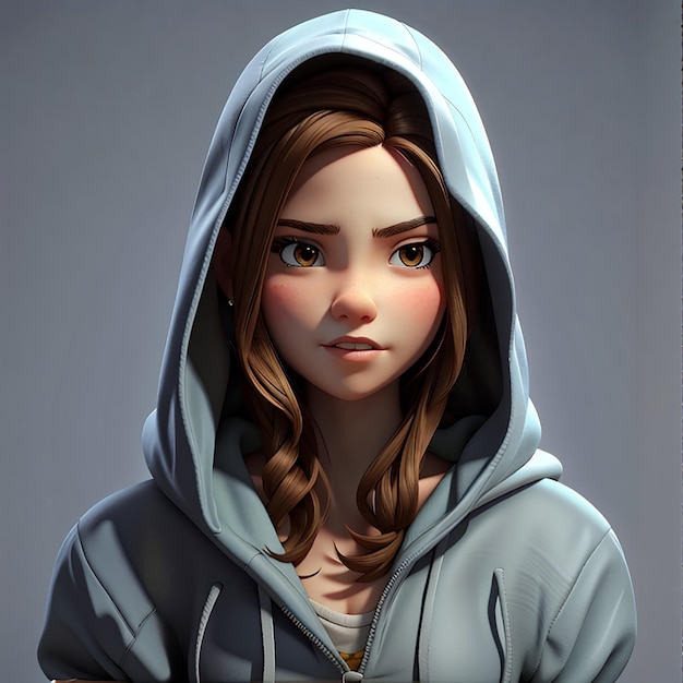 Young woman in a hood is thinking 3d character illustration