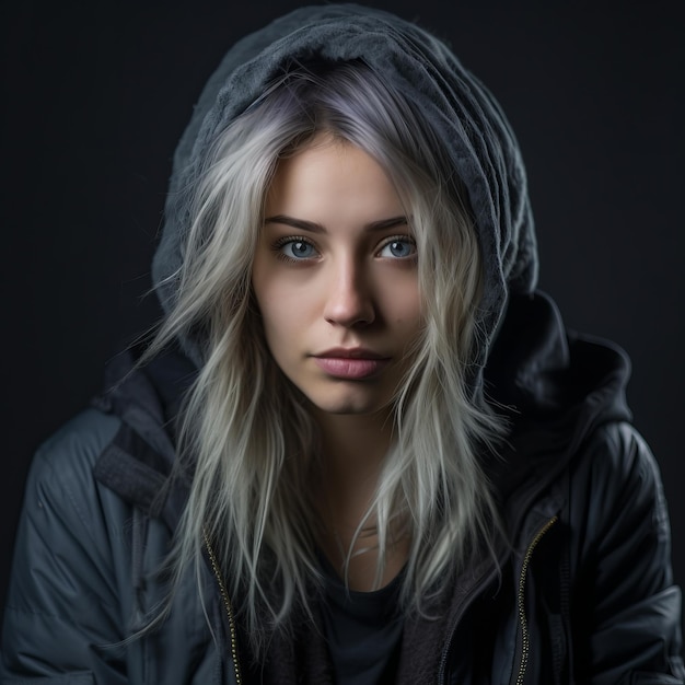 a young woman in a hoodie looking at the camera