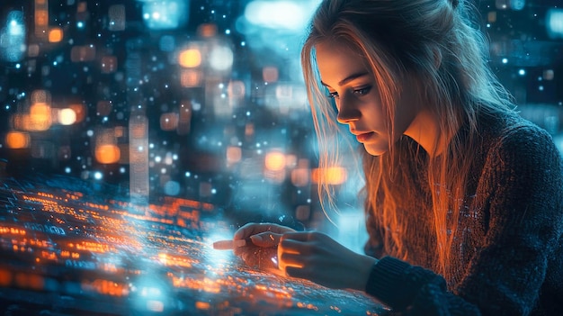 A young woman immersed in drawing a futuristic holographic map glowing in blue light