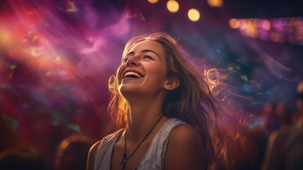 Photo a young woman immersed in the euphoria of a summer music festival concert capturing every detail