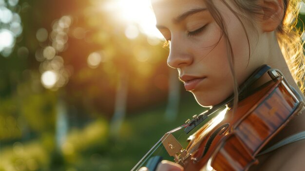 Photo a young woman immersed in a peaceful moment plays the violin with closed eyes under soft sunlight in a tranquil verdant setting