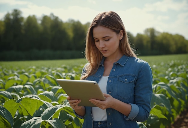 Young woman inspecting crops on a farm using tablet