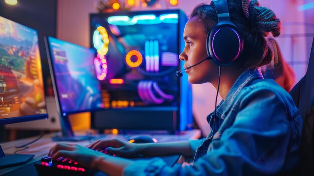 Photo a young woman intently plays a video game on her computer with a headset and rgb lighting