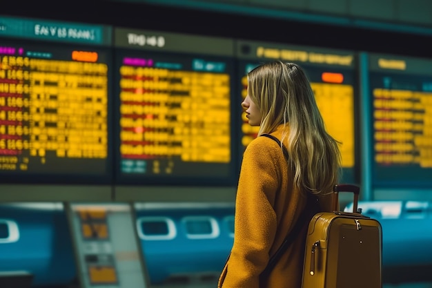 Young woman at international airport looking at airport information board concept of travel tourism flight delay