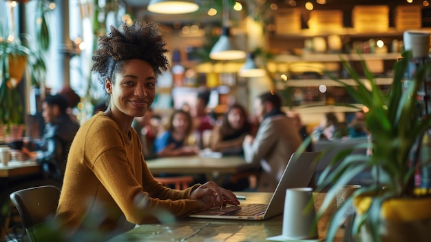 A young woman is in a cafe a modern and trendy coffee shop serving as a creative working space aig