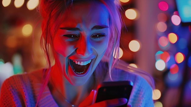 A young woman is captivated by her phone screen her face illuminated with joy and colored by the vibrant neon lights of her surroundings creating a vivid and dynamic portrait of modern digital life