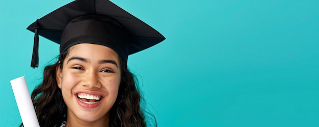 Young woman is celebrating her graduation with a big smile while holding her diploma