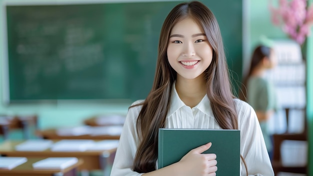 A young woman is in a classroom smiling holding a book