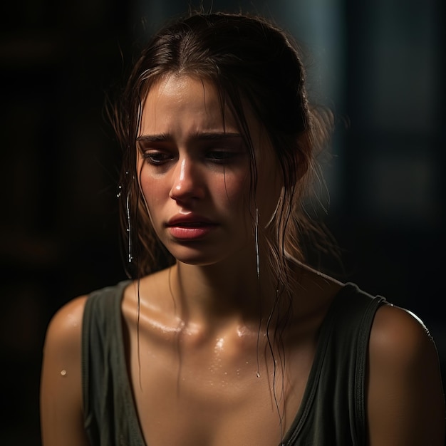 a young woman is crying in a dark room