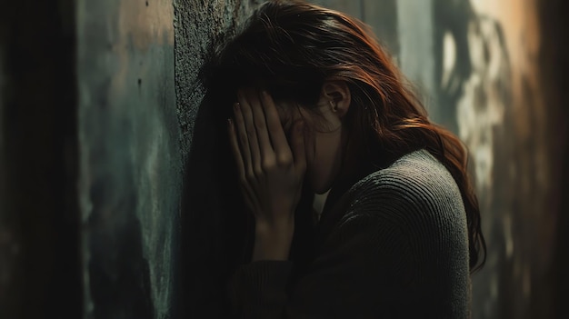 A young woman is crying her face buried in her hands as she leans against a wall