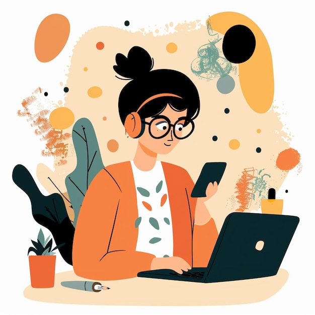 Photo a young woman is engaged in freelance work using laptop while holding smartphone she is surrounded by plants and abstract shapes creating vibrant workspace atmosphere