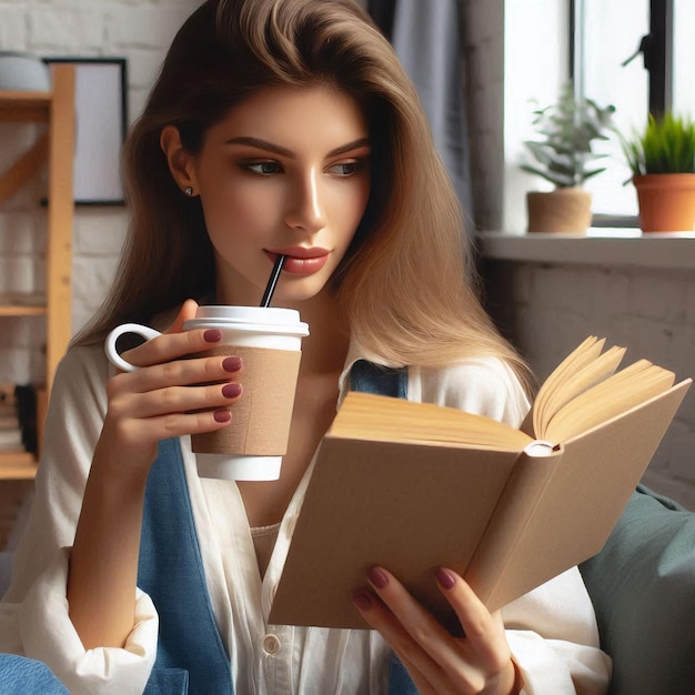 A young woman is holding a coffee cup drinking and reading a book