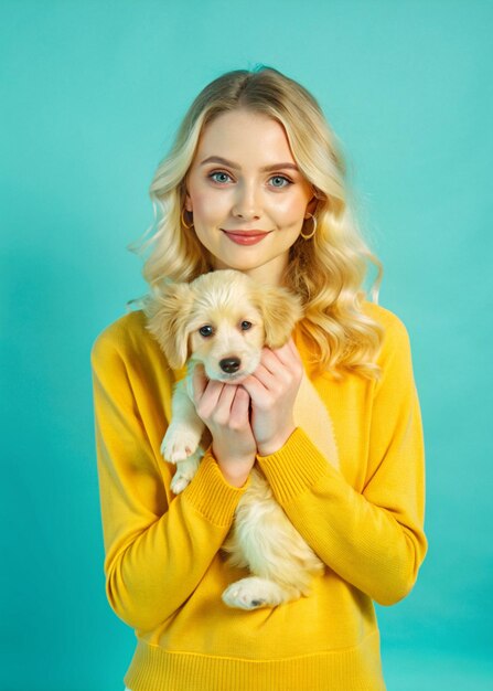 Photo a young woman is holding her cute puppy and loving it