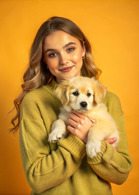 Photo a young woman is holding her cute puppy and loving it