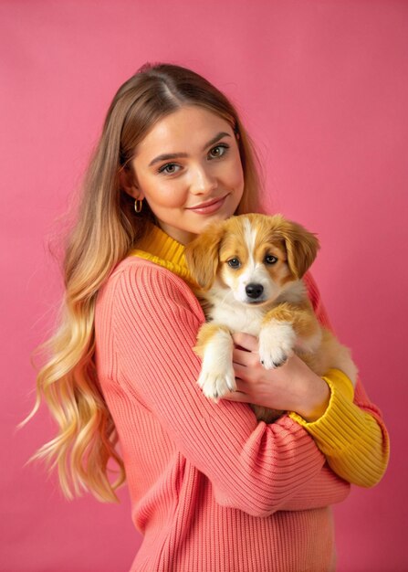 Photo a young woman is holding her cute puppy and loving it