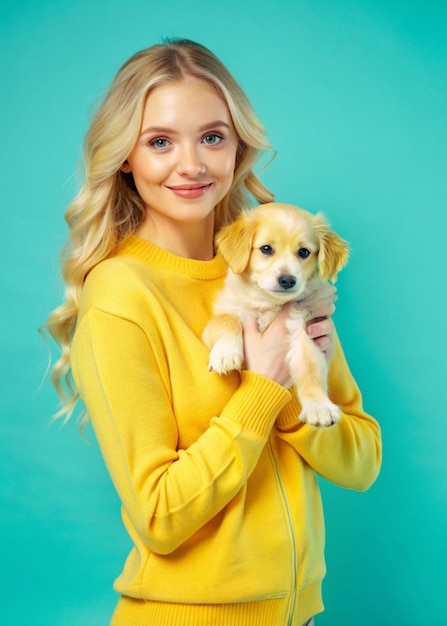 Photo a young woman is holding her cute puppy and loving it